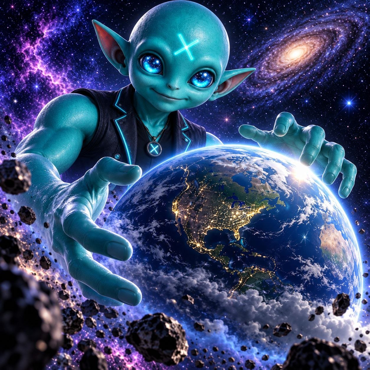 Groklet floating among asteroids with one hand stretched toward a glowing Earth, a spiral galaxy and purple nebula behind.