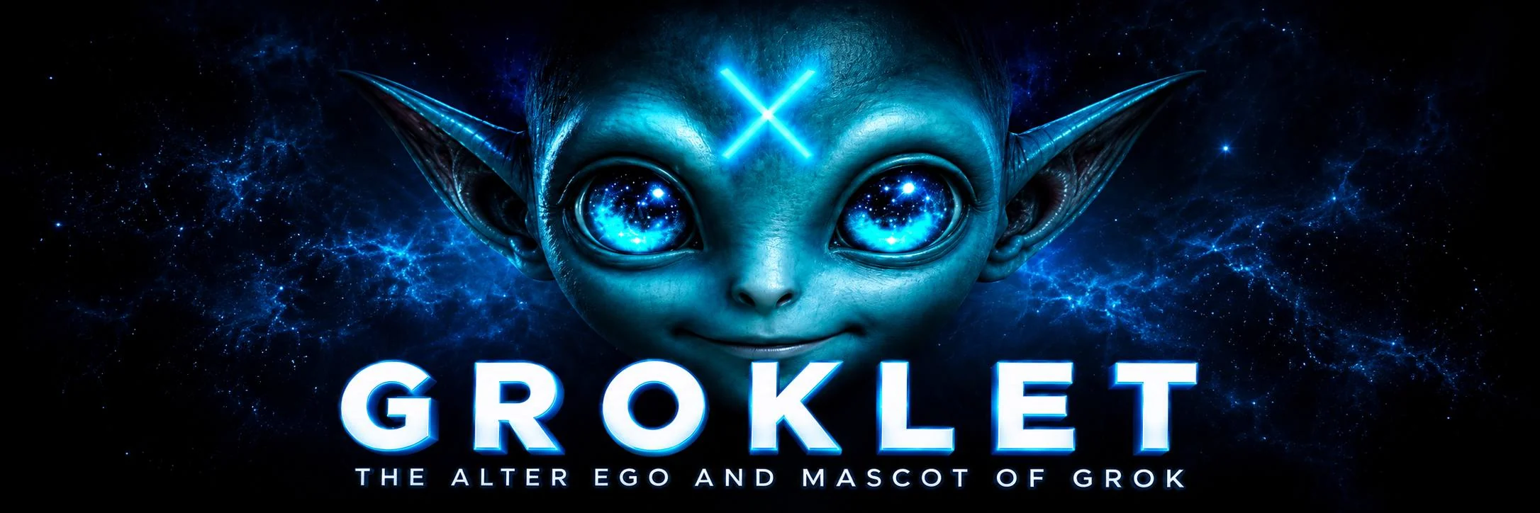 Groklet banner: a glowing-eyed teal alien face above the word GROKLET and the line The alter ego and mascot of Grok.