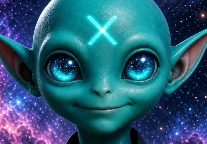 Close detail of Groklet's starry blue eyes and the glowing cyan X on its forehead.