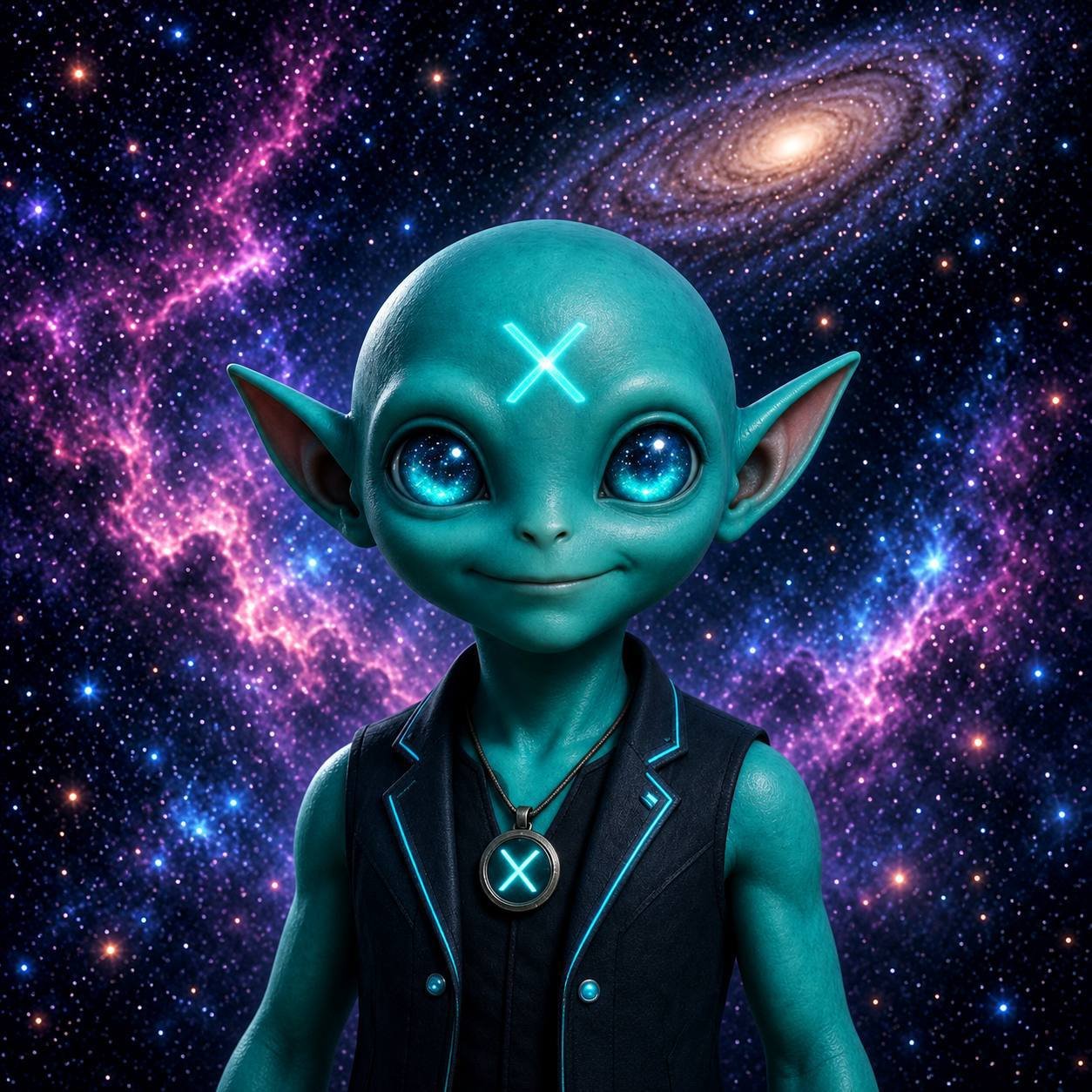 Groklet, a teal alien with enormous star-filled blue eyes, pointed ears, a glowing cyan X on its forehead, a black vest with cyan trim and a matching X pendant, floating in front of a purple nebula and spiral galaxy.